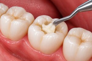 Tooth-colored dental filling repairing a molar